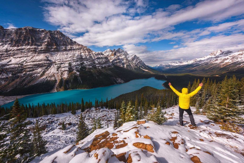 A man in yellow in Peyto Lake in Banff, Canada - workshopsphototours.com